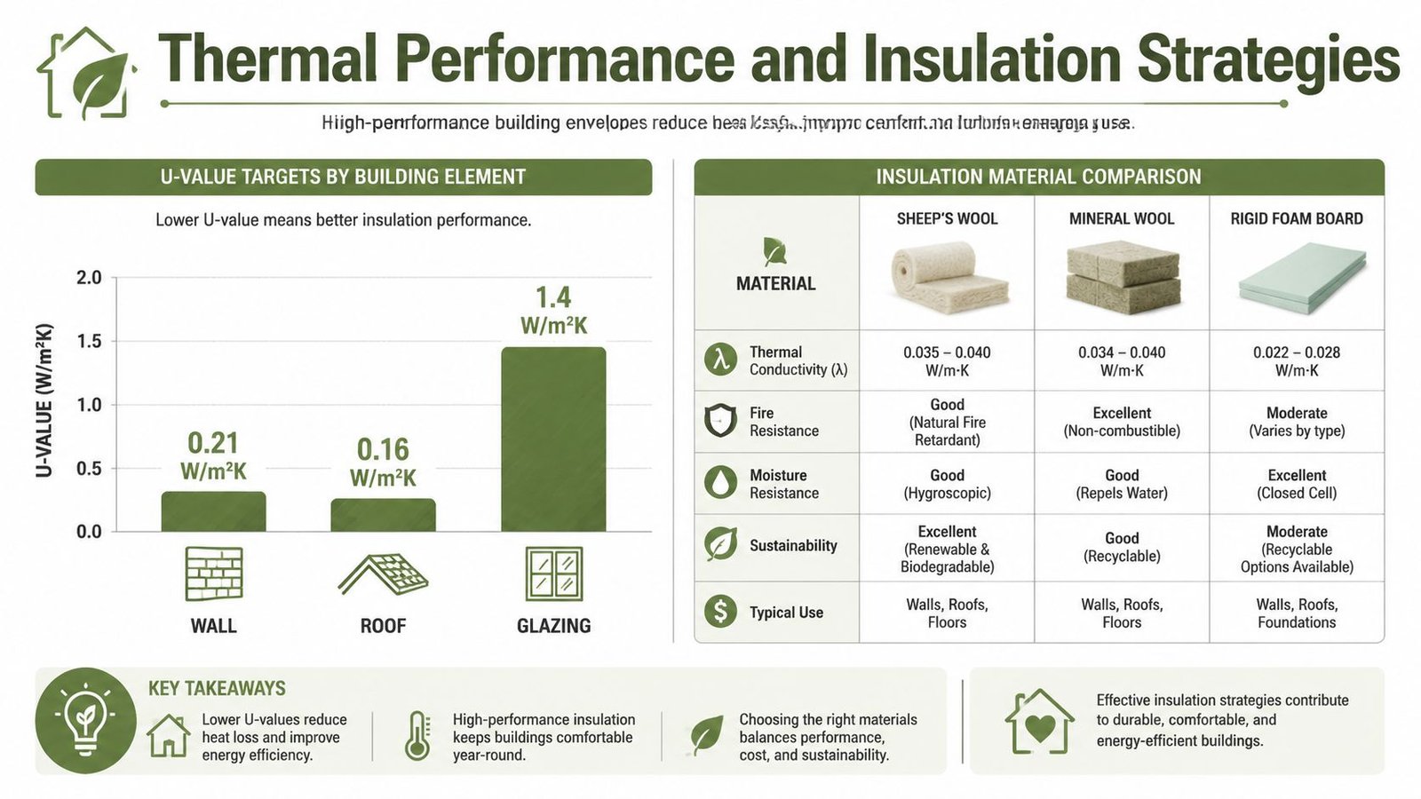 An infographic comparing thermal insulation U-value targets for building elements and evaluating different insulation material properties.