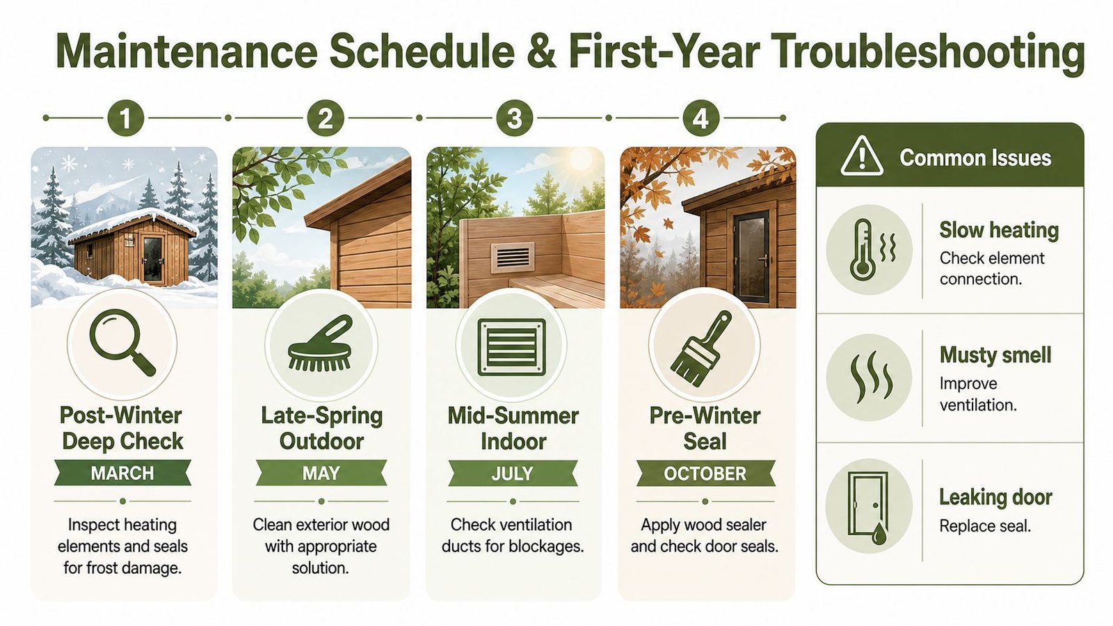 A maintenance schedule infographic for home saunas showing tasks for each season and common troubleshooting tips.