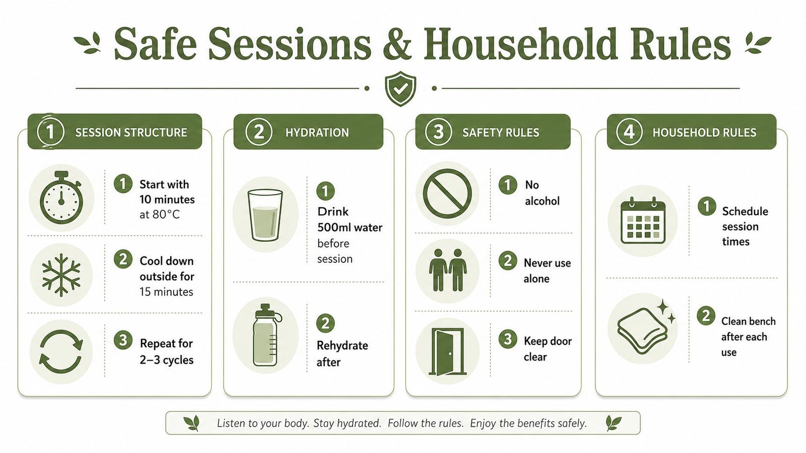 A safety infographic detailing rules and guidelines for using an at home sauna session safely.