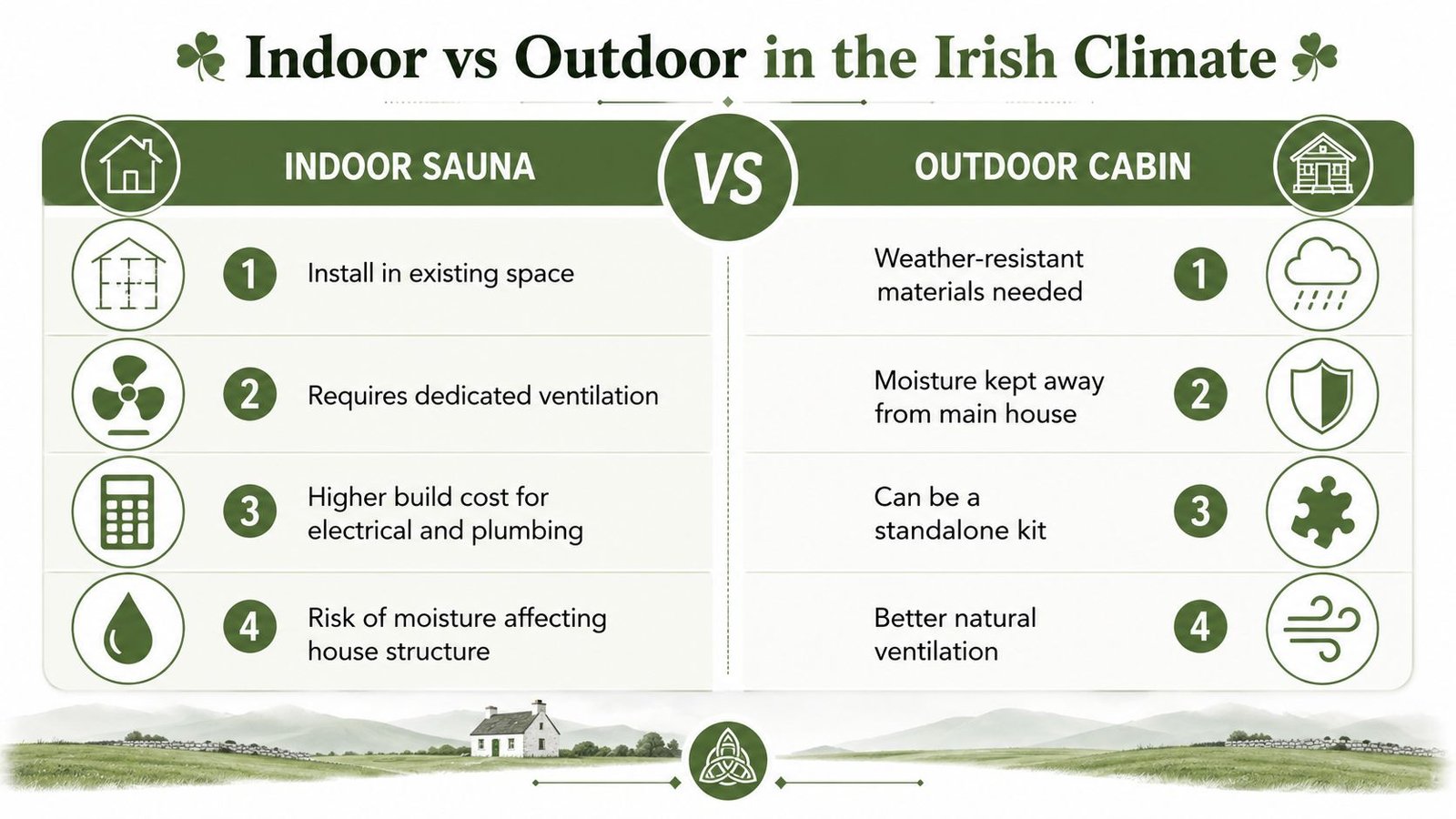 A comparison infographic showing the pros and cons of indoor saunas versus outdoor cabins in Ireland.