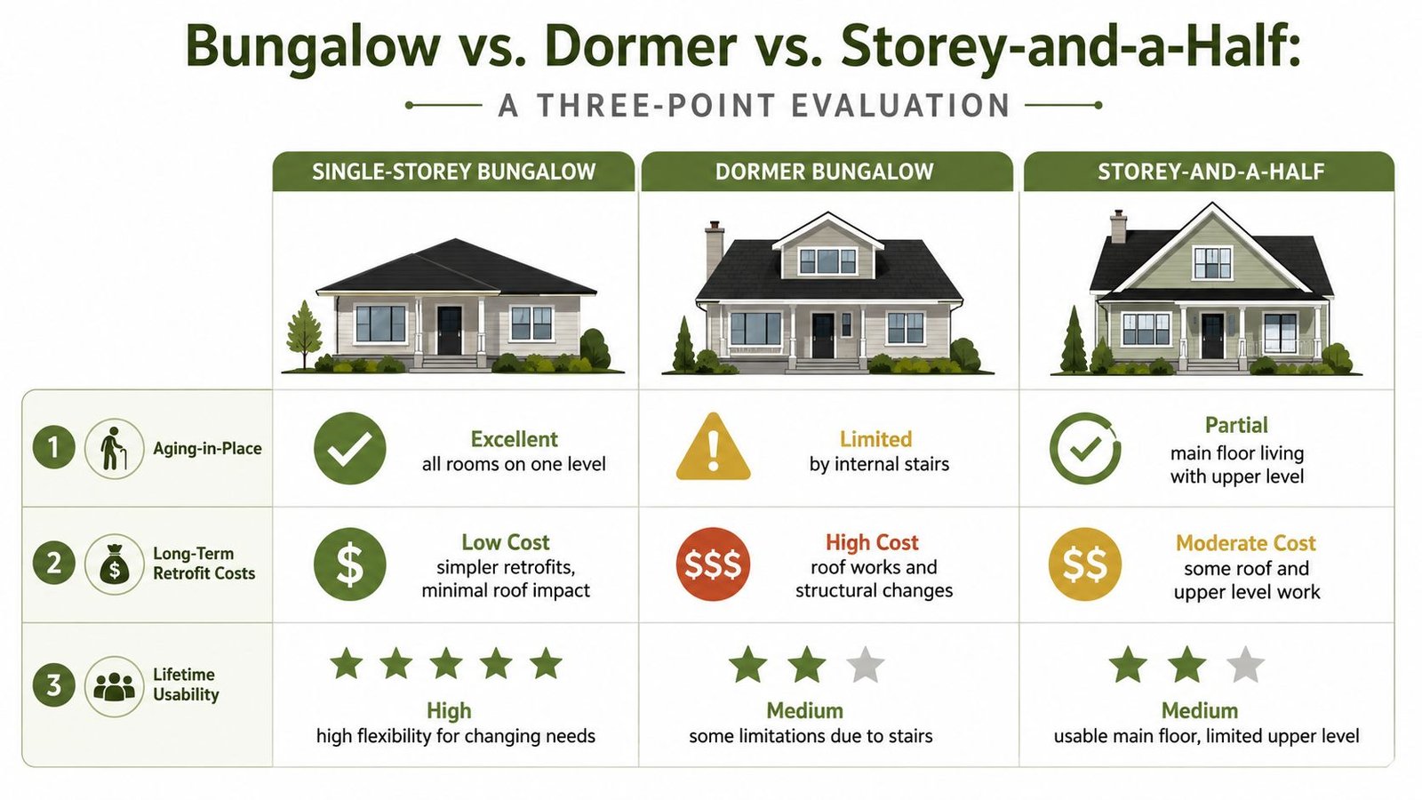 A comparison chart evaluating bungalows, dormer bungalows, and storey-and-a-half homes based on aging, costs, and usability.