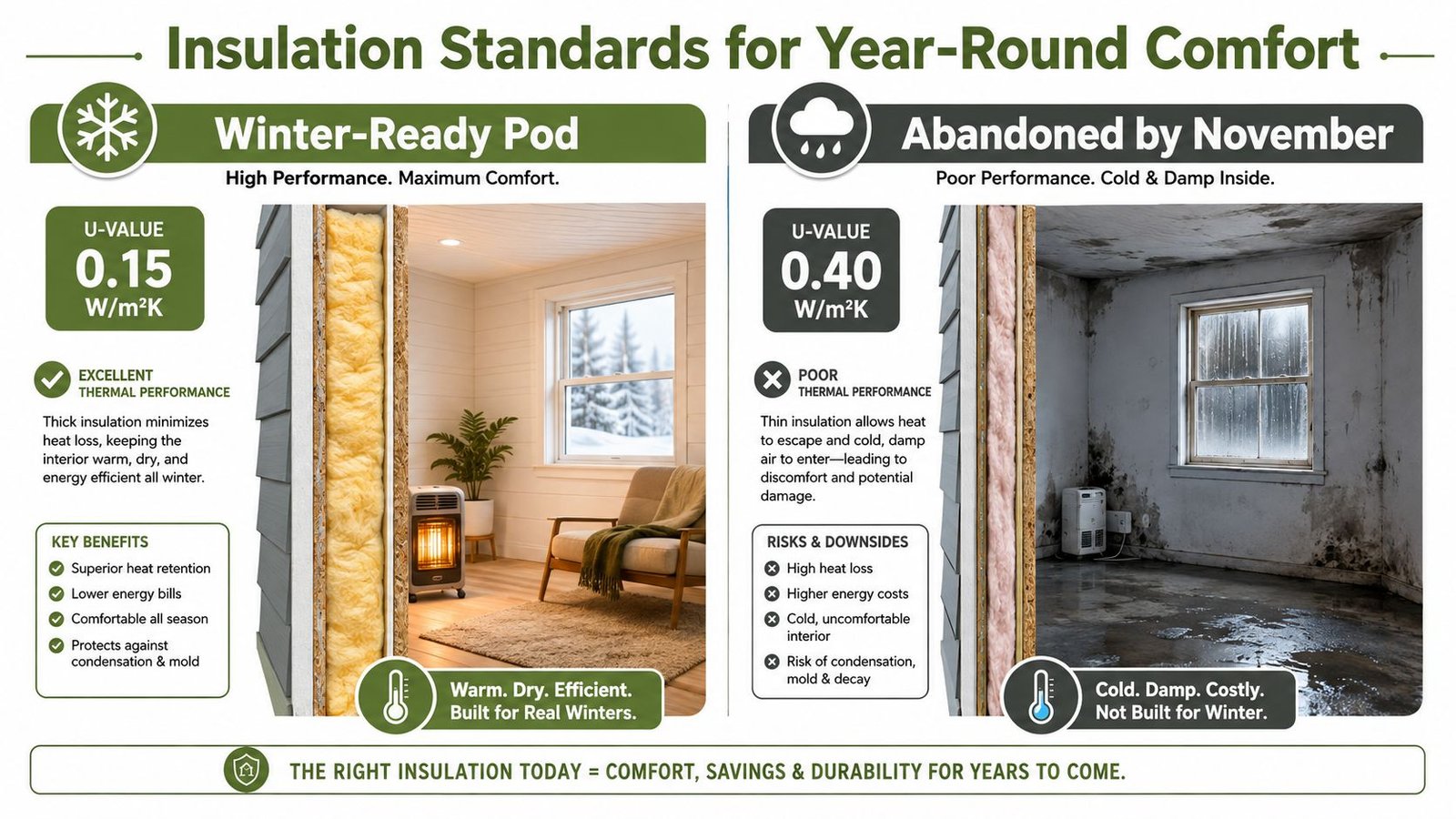 A comparison infographic showing how insulation U-values affect the comfort and condition of garden office pods.
