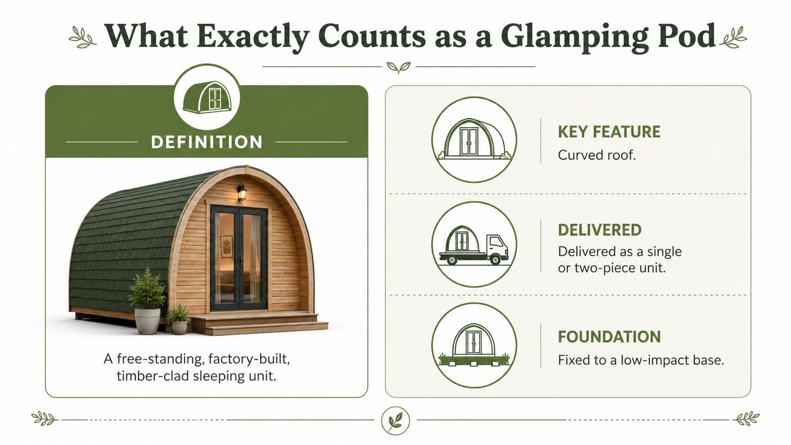A visual guide explaining the definition, key features, delivery, and foundation requirements of a glamping pod.