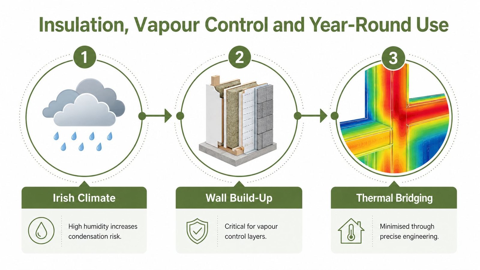 A diagram illustrating insulation, vapour control, and thermal bridging for construction in the Irish climate.