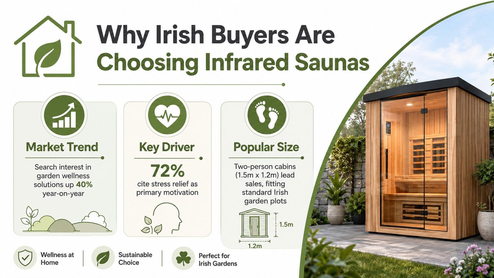 An infographic showing why Irish buyers are increasingly purchasing infrared sauna cabins for home garden wellness.