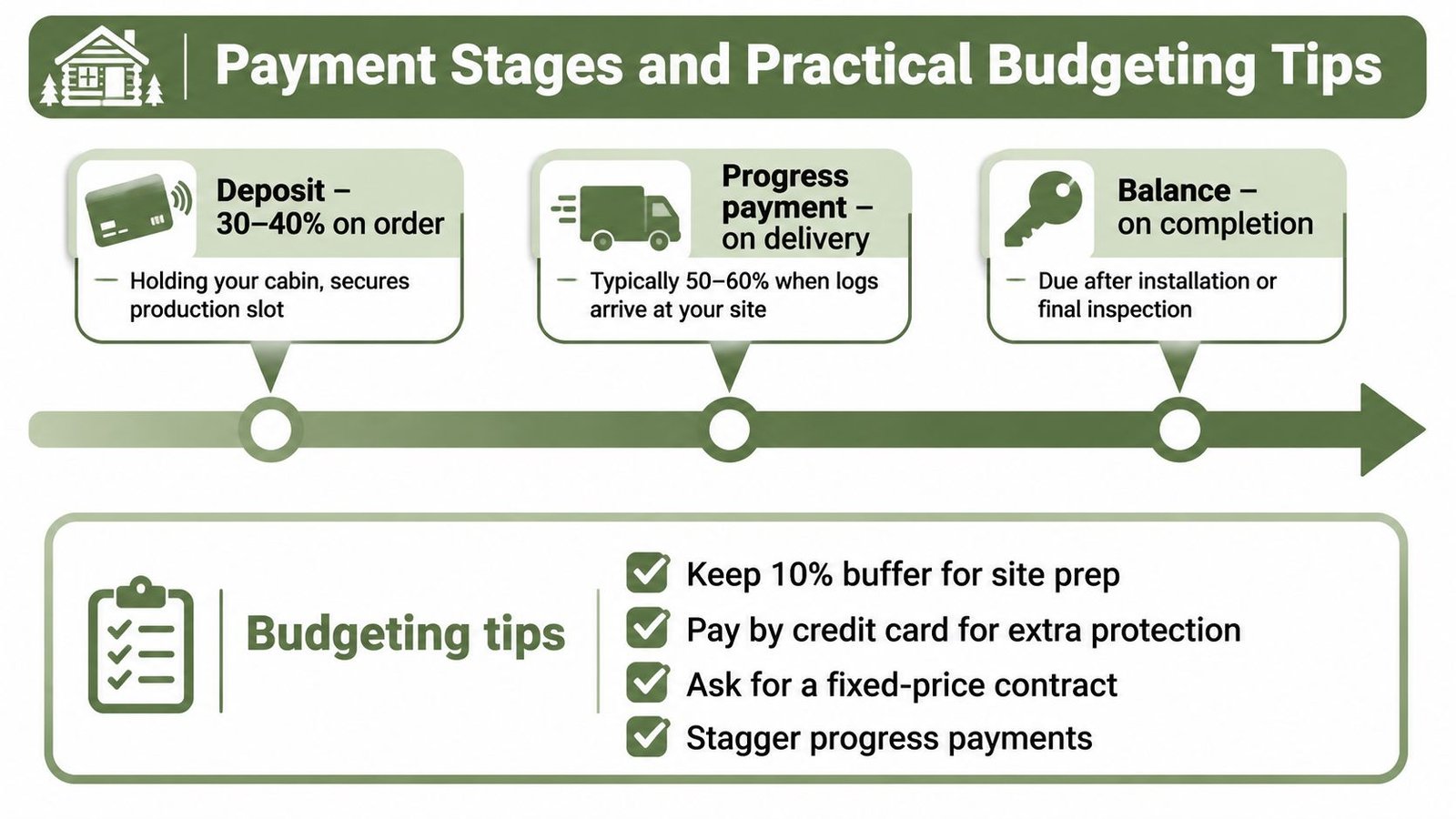 A helpful infographic detailing log cabin payment stages, deposit percentages, and essential budgeting tips for customers.