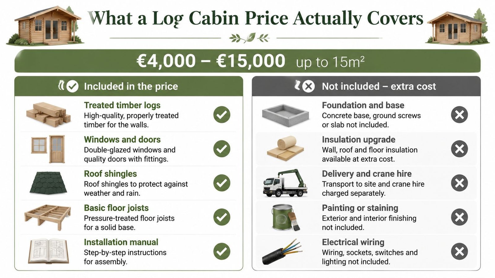 An infographic detailing the typical costs and inclusions for log cabin construction projects up to 15 square meters.