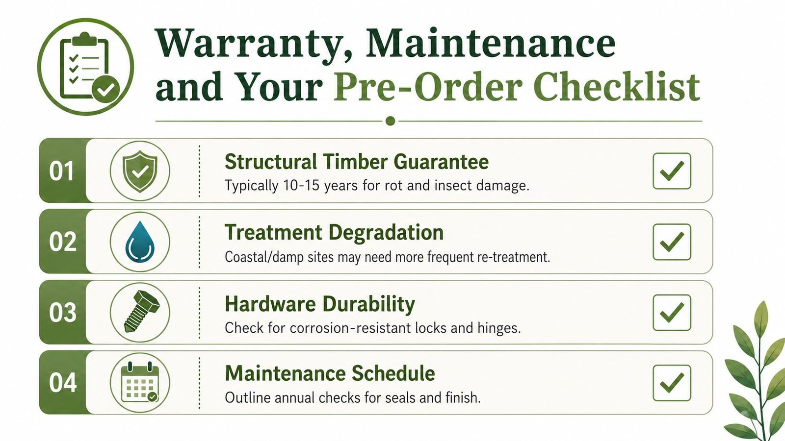 An infographic checklist for portable cabin buyers covering timber warranties, treatment, hardware durability, and maintenance schedules.
