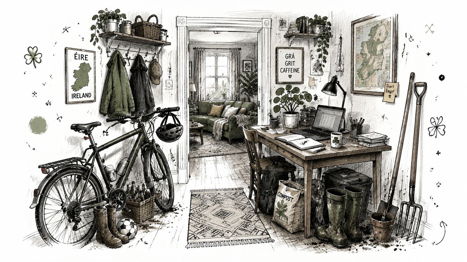 A cozy, sketch-style interior featuring a bicycle, a desk workspace, and various gardening tools by a doorway.