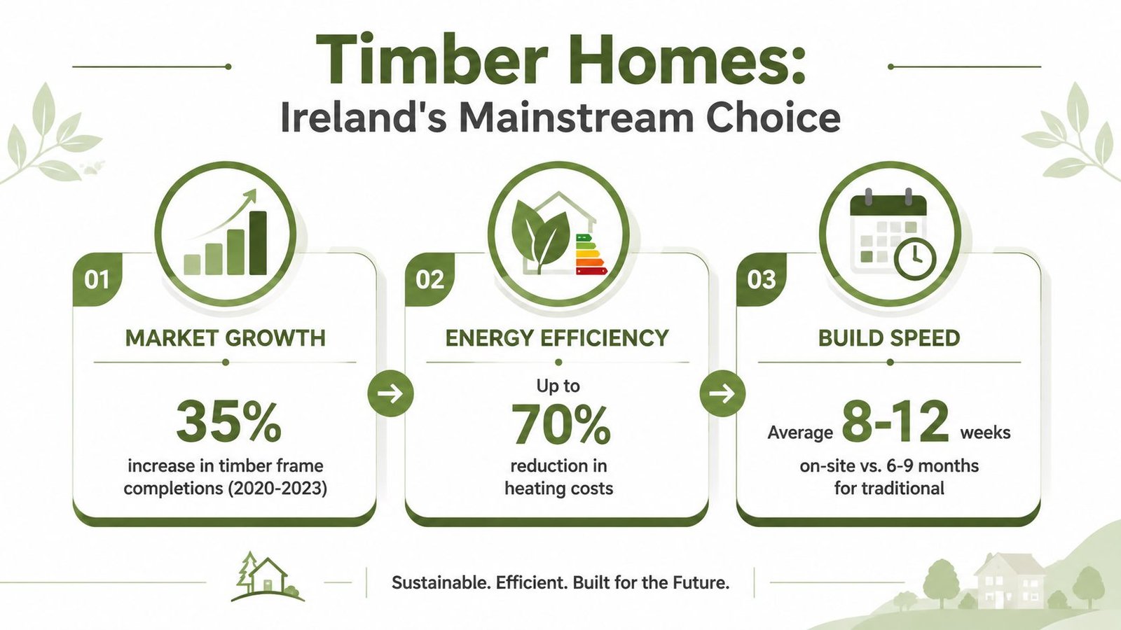 An infographic showing market growth, energy efficiency, and build speed advantages of timber homes in Ireland.