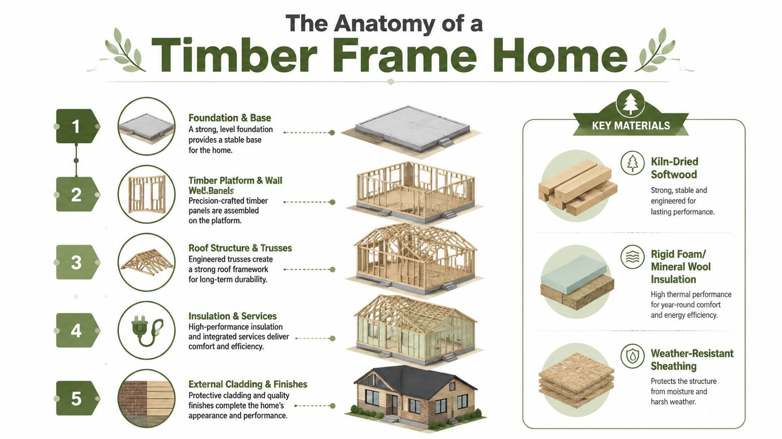A detailed infographic showing the five construction stages of building a sustainable timber frame home.