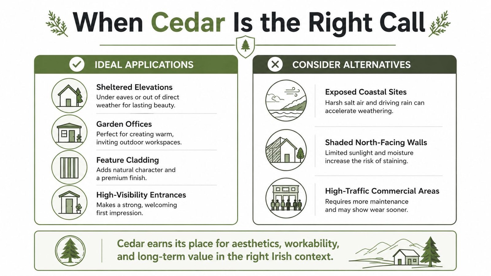An infographic comparing ideal applications for cedar wood versus situations where alternative materials should be considered.
