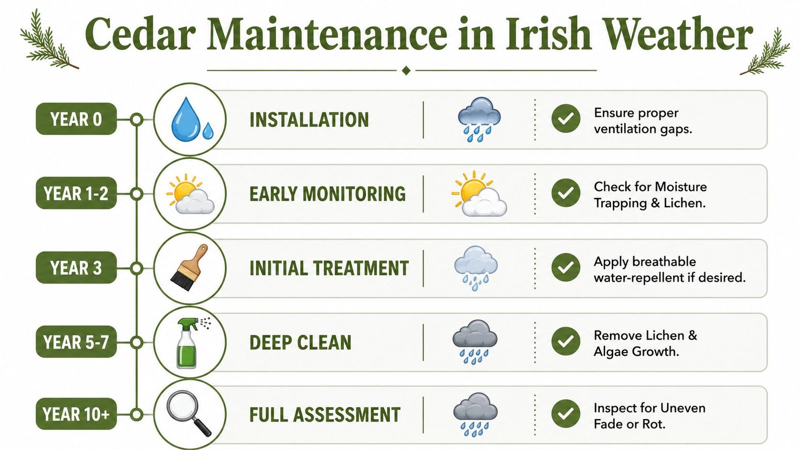 A timeline infographic outlining the essential maintenance steps for cedar wood cladding in Irish weather conditions.