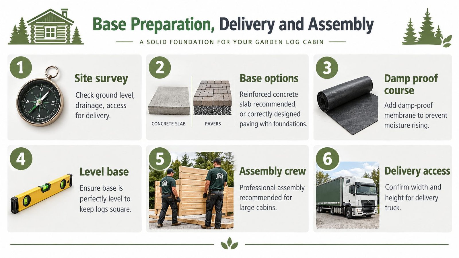 An infographic showing six essential steps for base preparation, delivery, and assembly of a garden log cabin.
