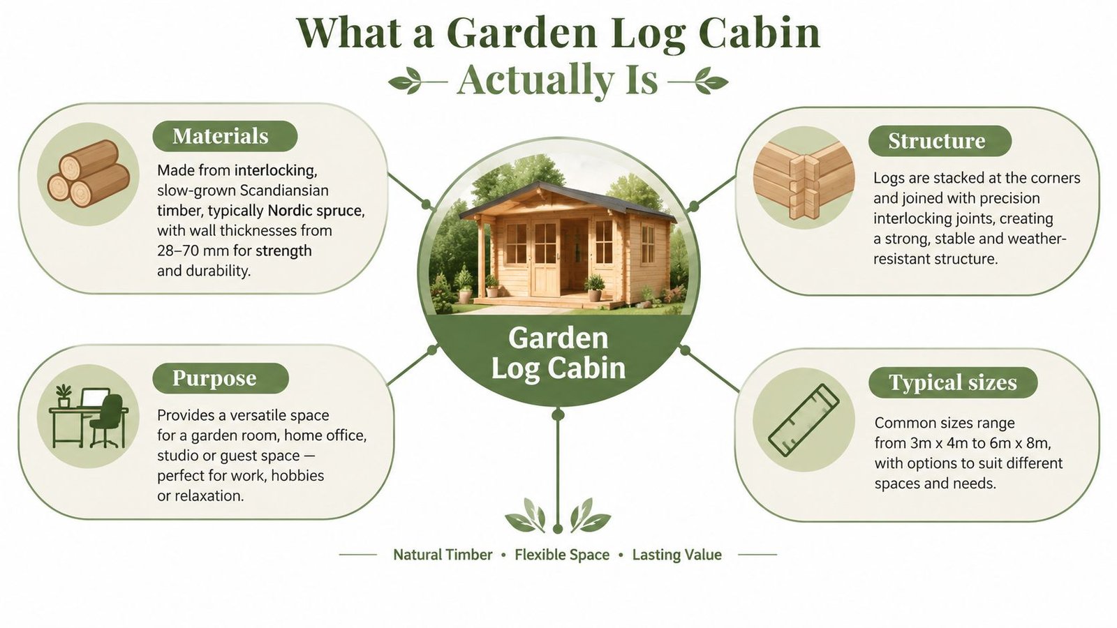 An infographic explaining the materials, structure, purpose, and sizes of a garden log cabin.