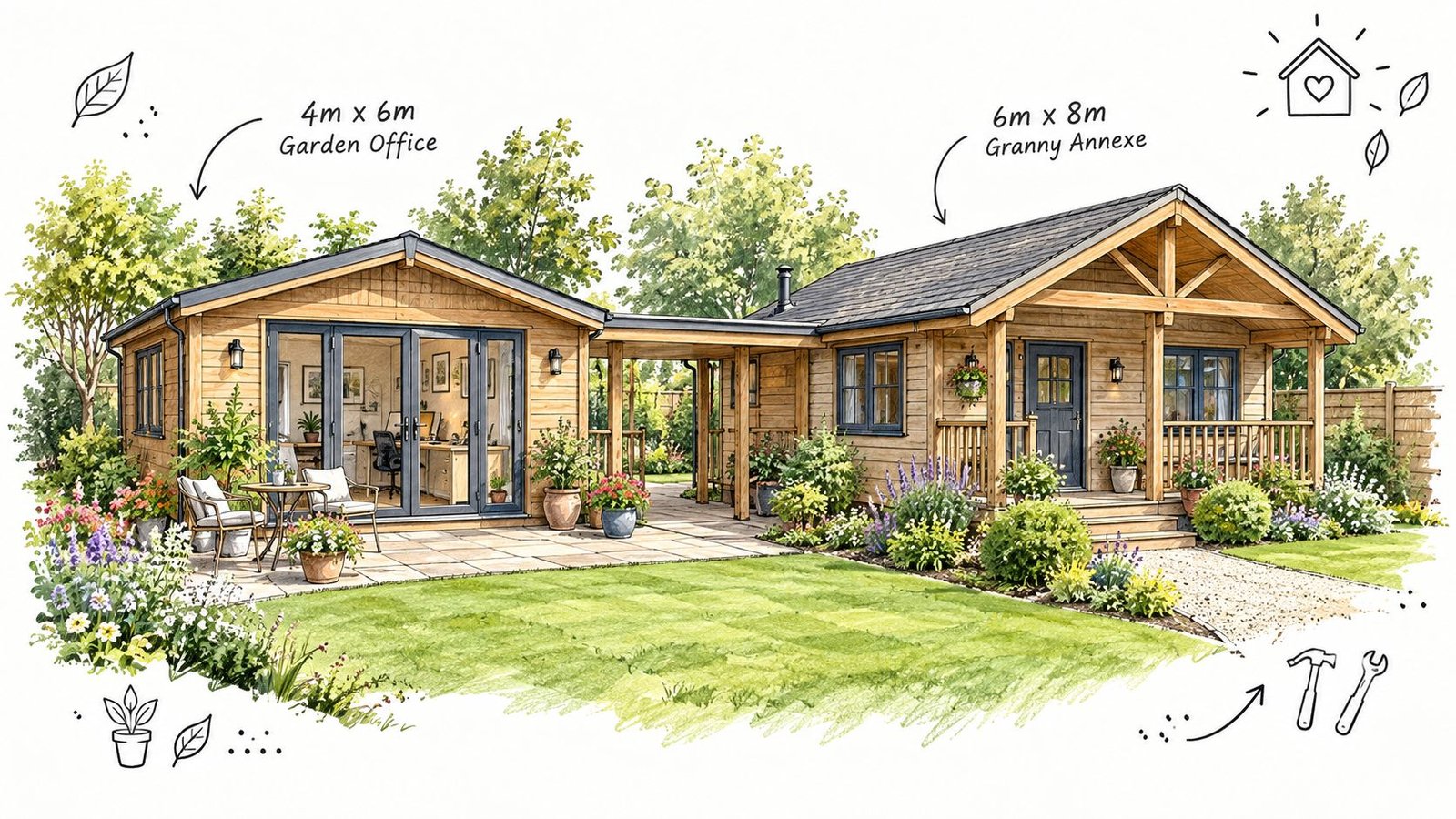 A watercolor illustration of a wooden garden office and a separate granny annexe building on lawn.