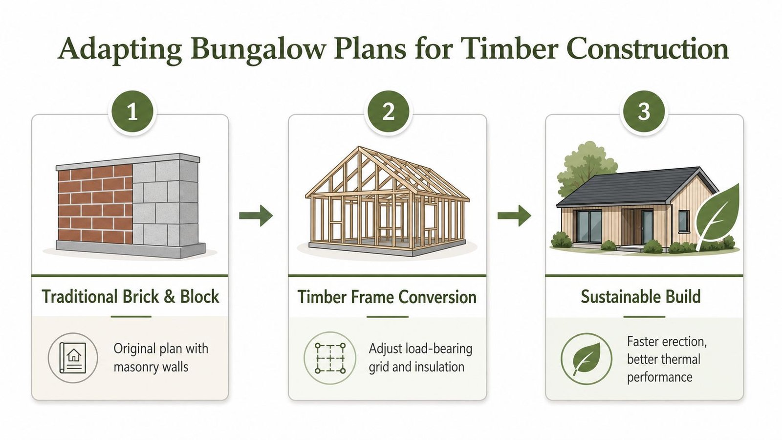 An infographic showing the three-step process of adapting traditional brick bungalow plans into a sustainable timber frame construction.