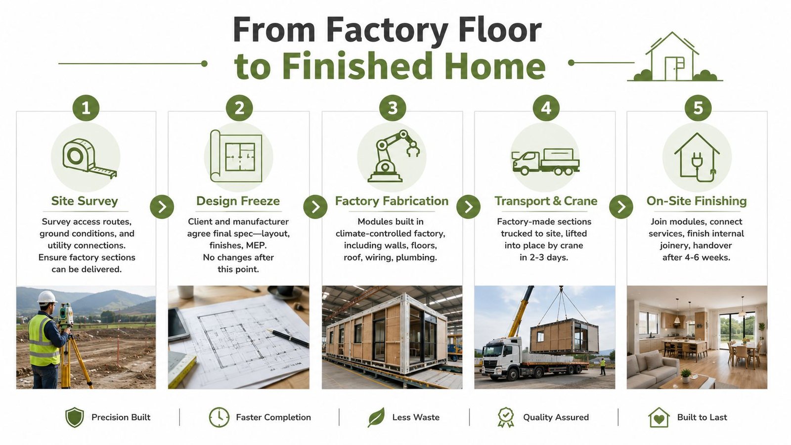 A five-step infographic showing the modular construction process from site survey to finished home interiors.