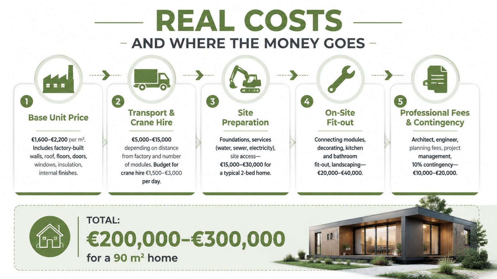 A detailed infographic breaking down the real costs of building modular homes in Ireland step by step.