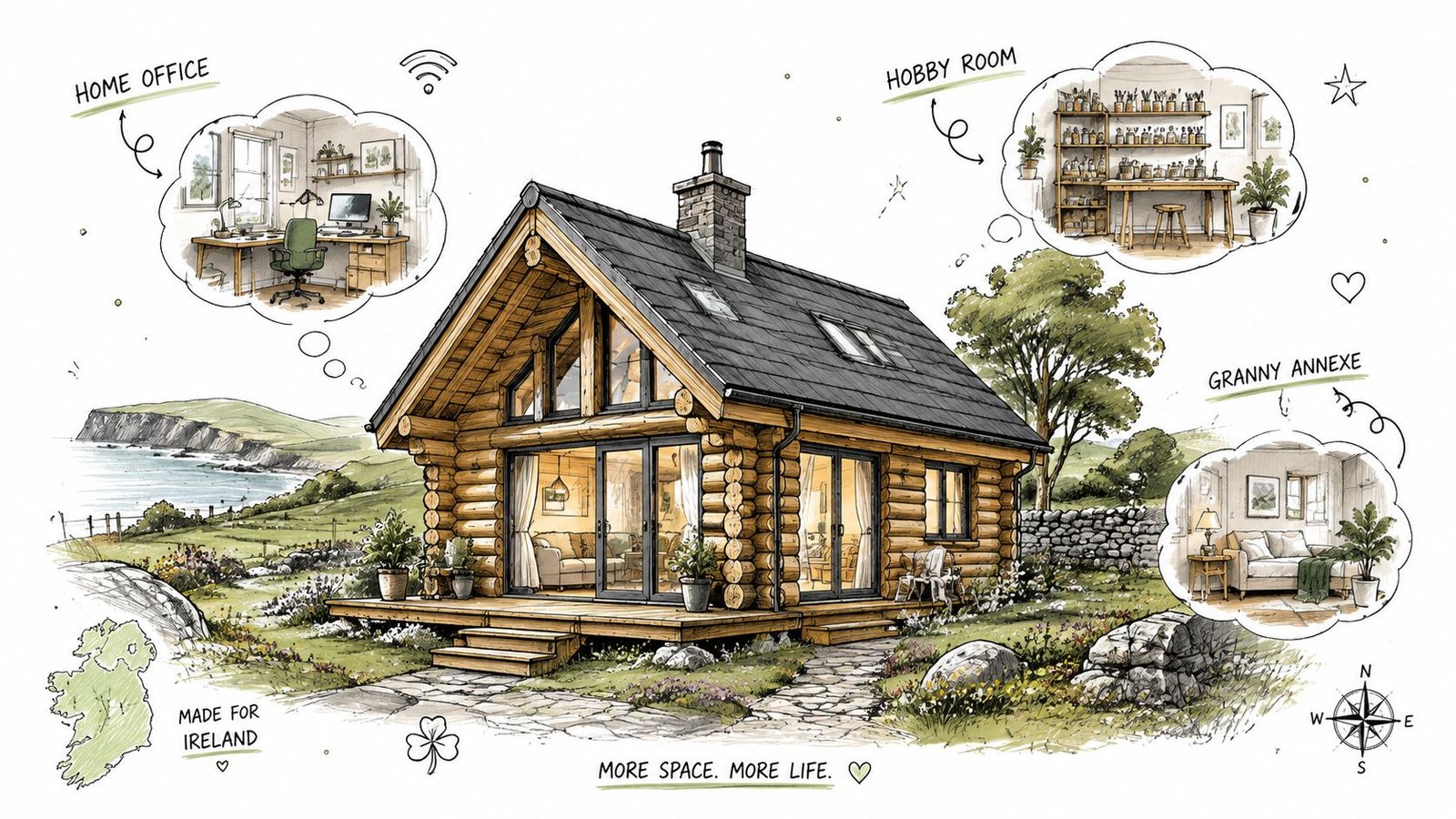 A rustic log cabin in an Irish landscape with thought bubbles showing home office, hobby, and annex.