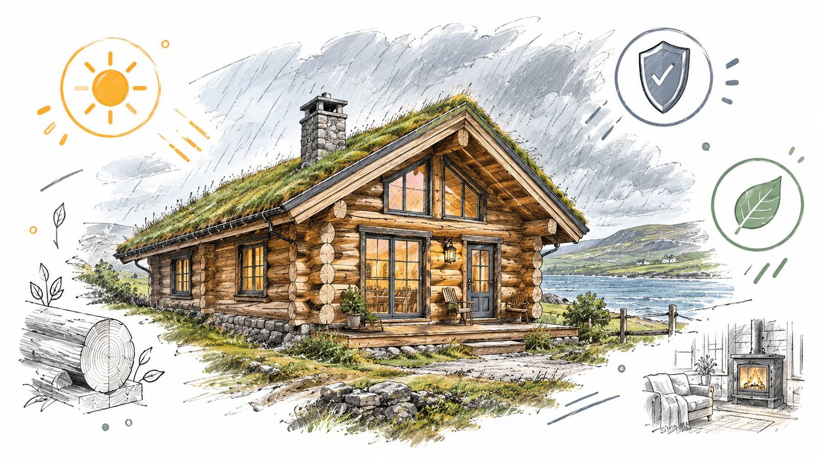 A scenic illustration of a Scandinavian-style log cabin with a green grass roof by a lake in Ireland.