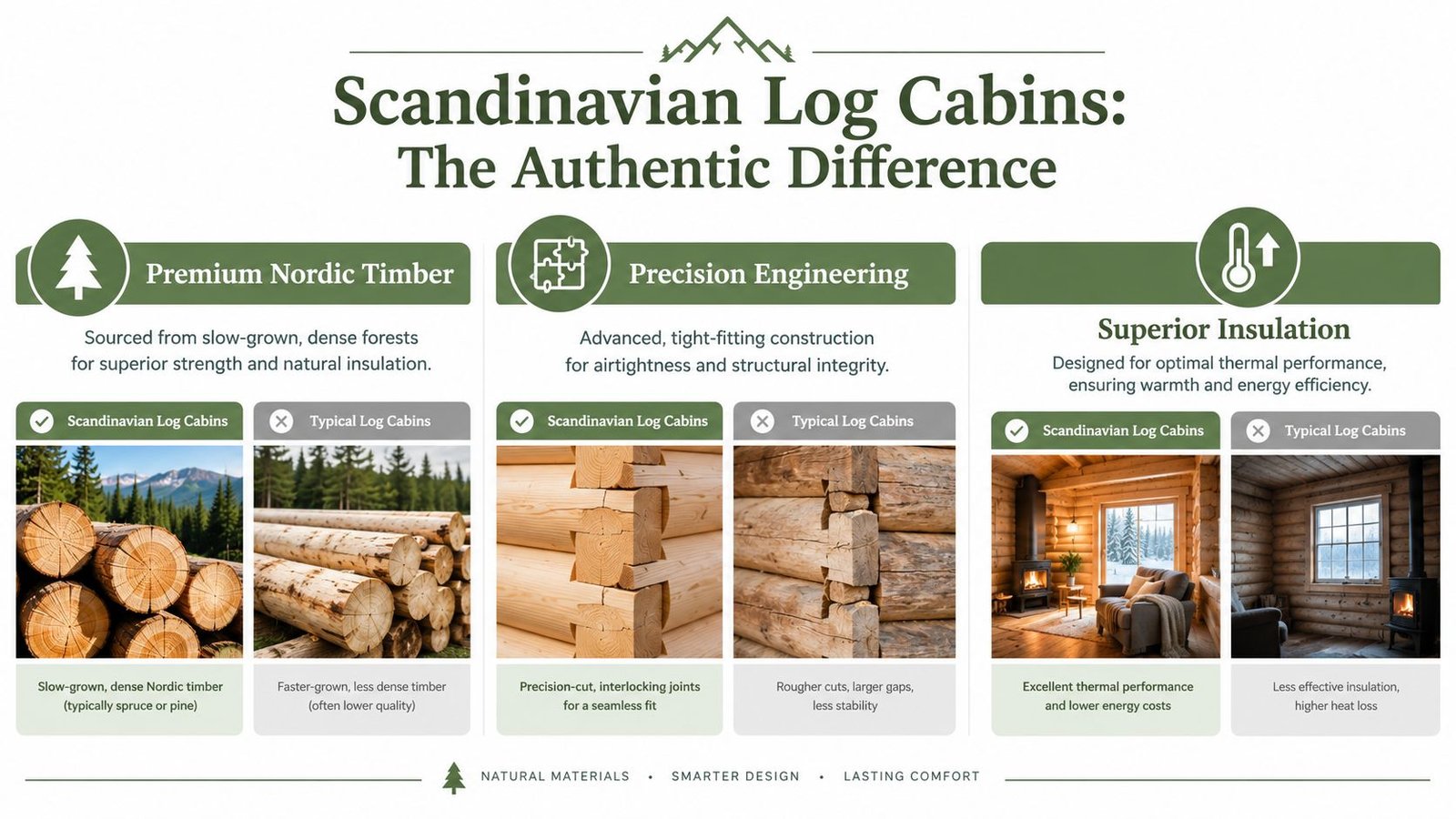 An infographic comparing the quality of Scandinavian log cabins against typical log cabins using three main categories.