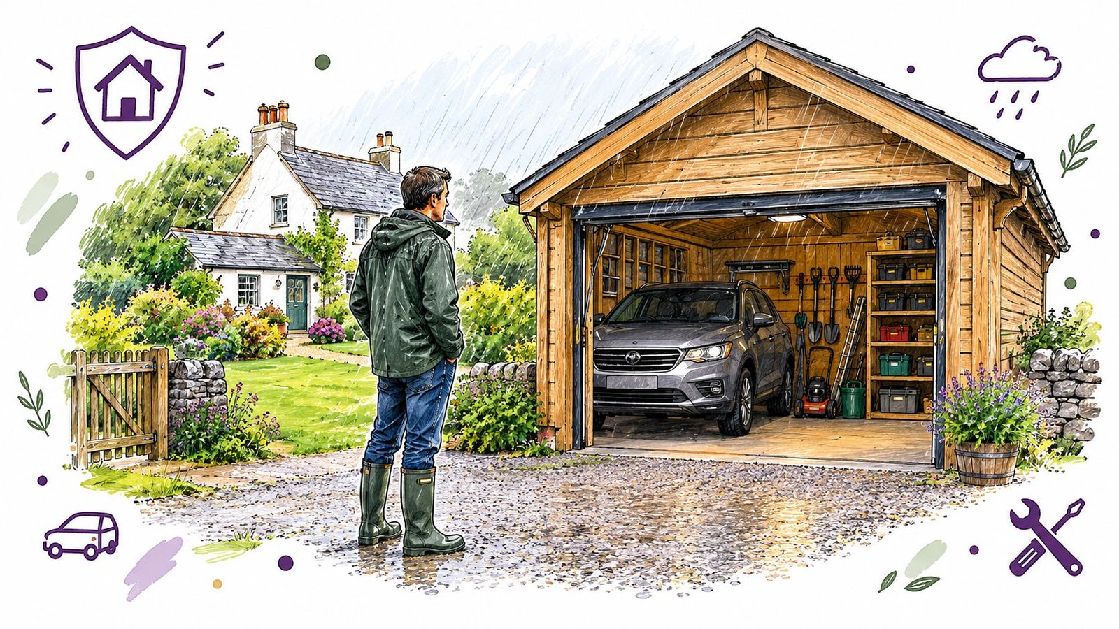 A man in a green jacket stands in the rain looking at a wooden garage in Ireland.