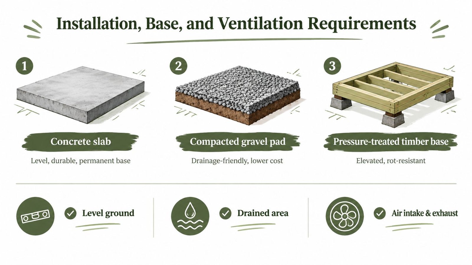 An infographic showing three different base options for installing a structure like a wood fired sauna.