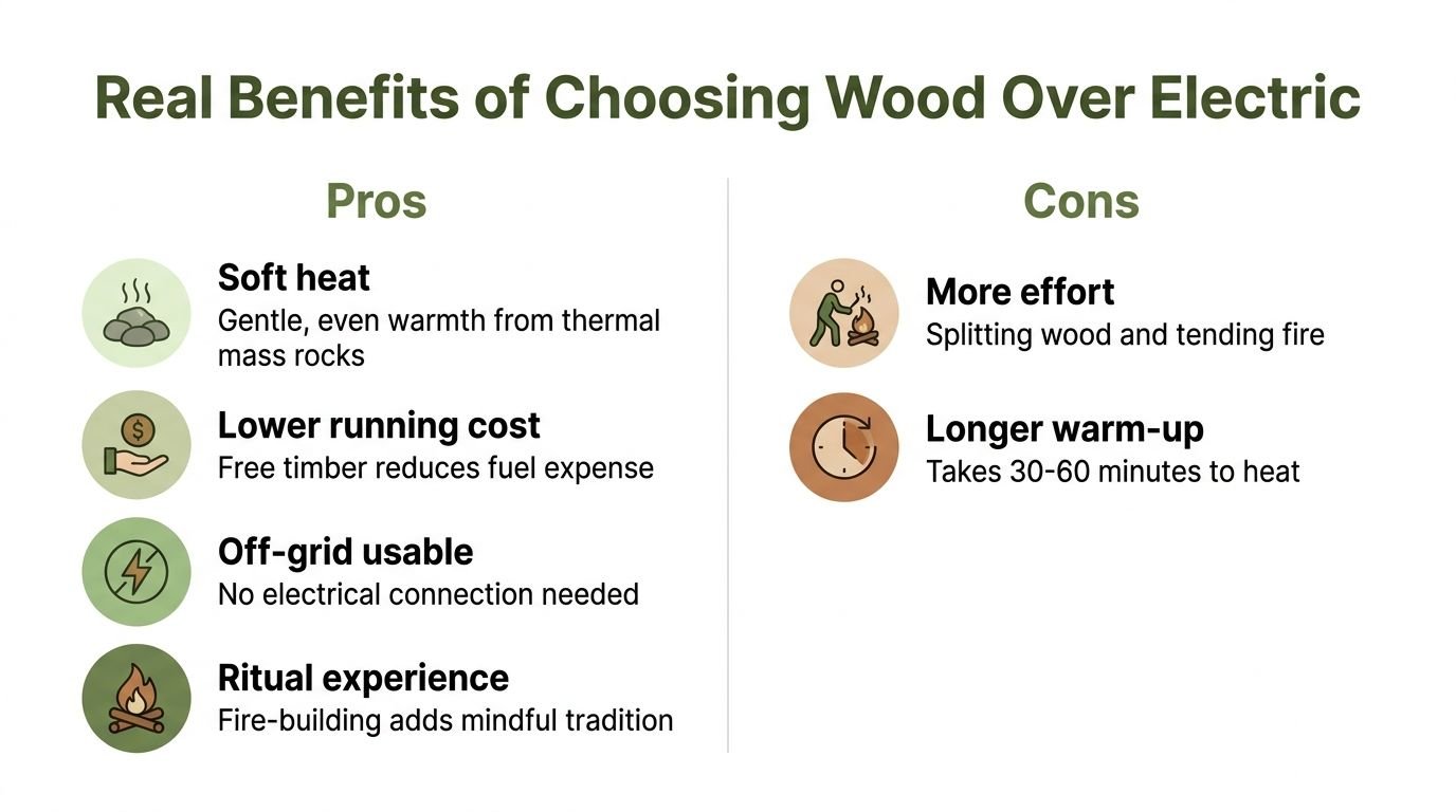 A comparison chart outlining the pros and cons of choosing wood burning versus electric sauna heating systems.