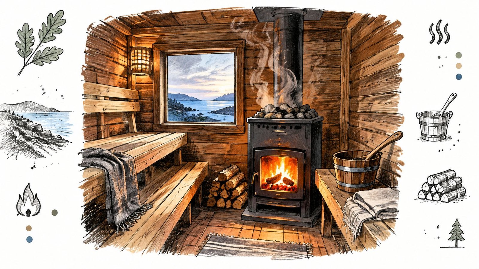A cozy, rustic wooden sauna interior with a warm fire in the stove and scenic lake view.