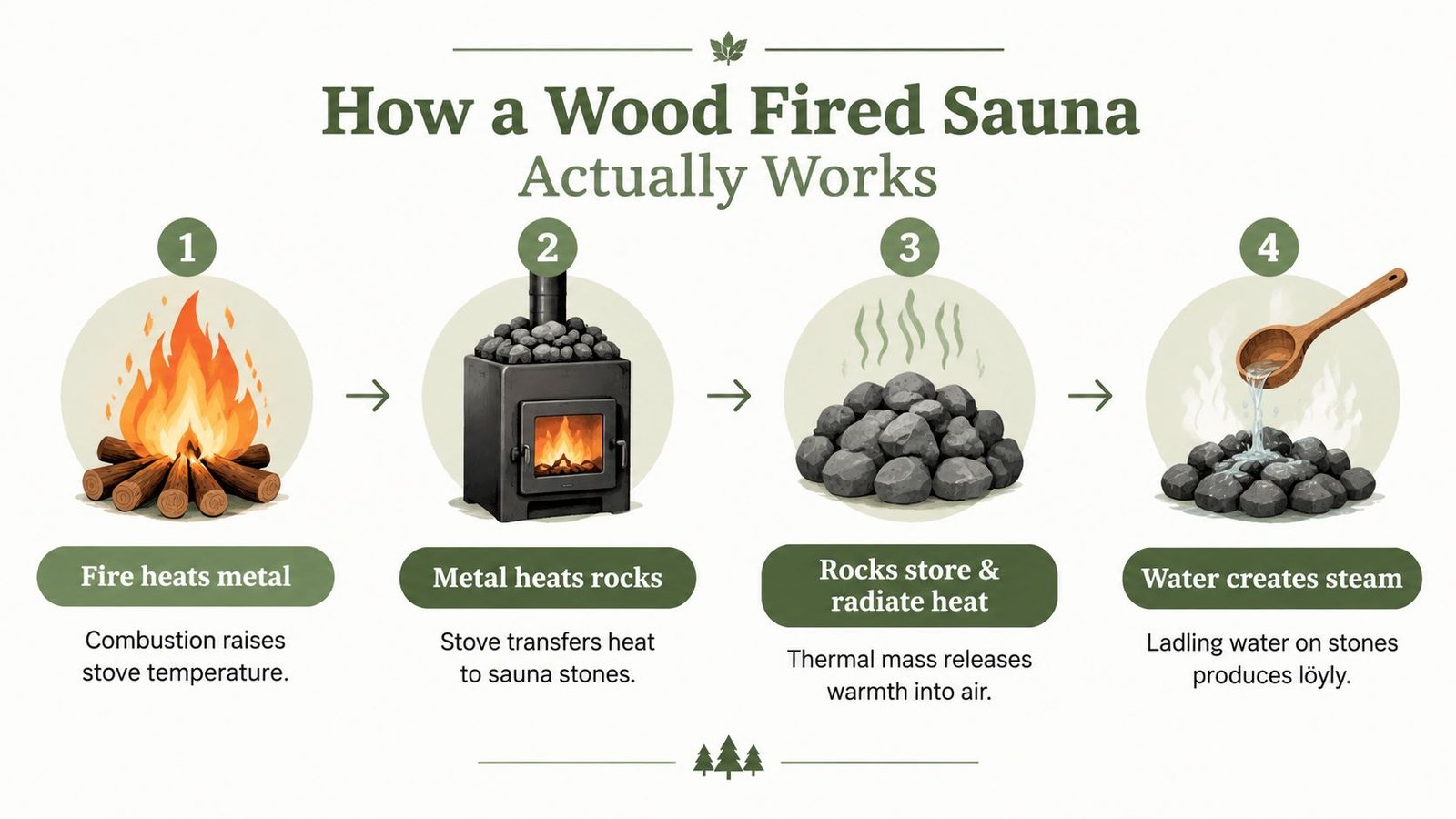An infographic showing the four-step process of how a wood-fired sauna stove functions and generates heat.