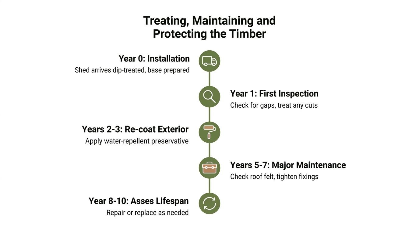A timeline graphic showing steps for treating, maintaining, and protecting wooden garden sheds from year zero to ten.