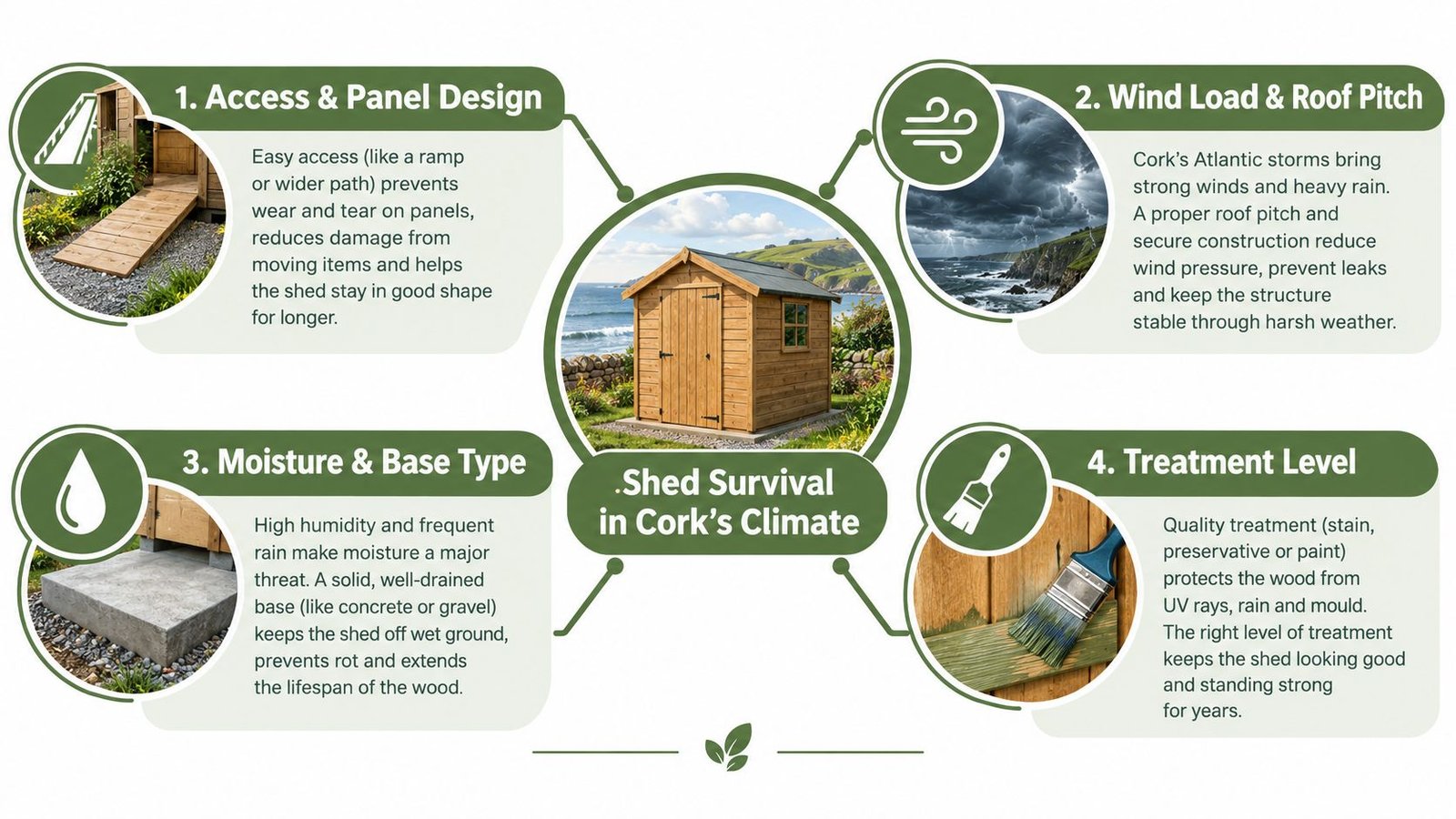 An infographic detailing four essential maintenance and design tips for preserving wooden garden sheds in Cork's climate.